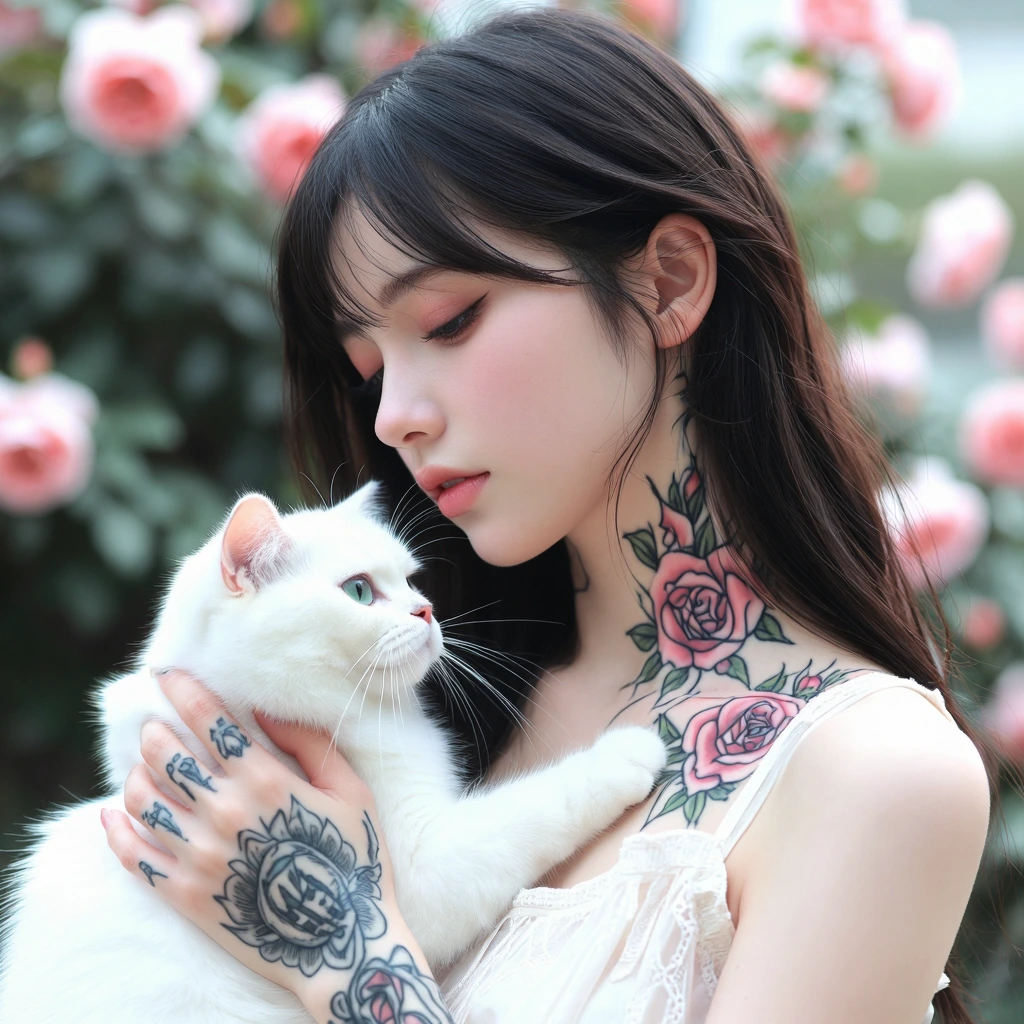 Beautiful tattooed woman with delicate rose designs on her neck and a feline familiar tattooed on her hand, holding a white cat, soft romantic atmosphere with blurred rose garden, highly detailed stylized rendering, ultra HD