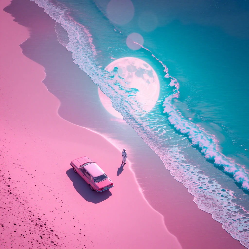 overhead aerial view looking straight down at a neon pink glowing shoreline where wet sand meets electric cyan ocean foam in an abstract diagonal comp
