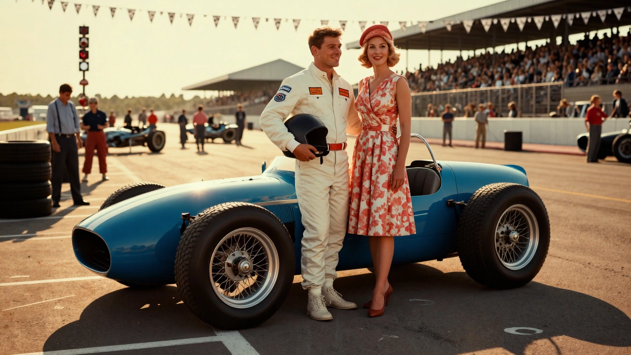 Capture a sun-drenched 1960s American motorsport scene at a bustling race track, a confident male racing driver standing proudly beside his gleaming v