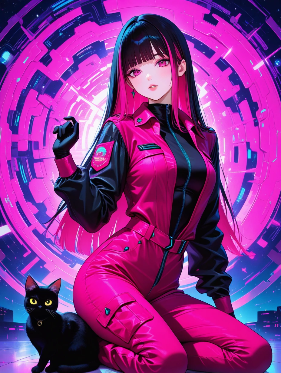 Beautiful woman, long straight black pink ombre hair with layered bangs, with a cat, futuristic jumpsuit, Otherworldly, futuristic background