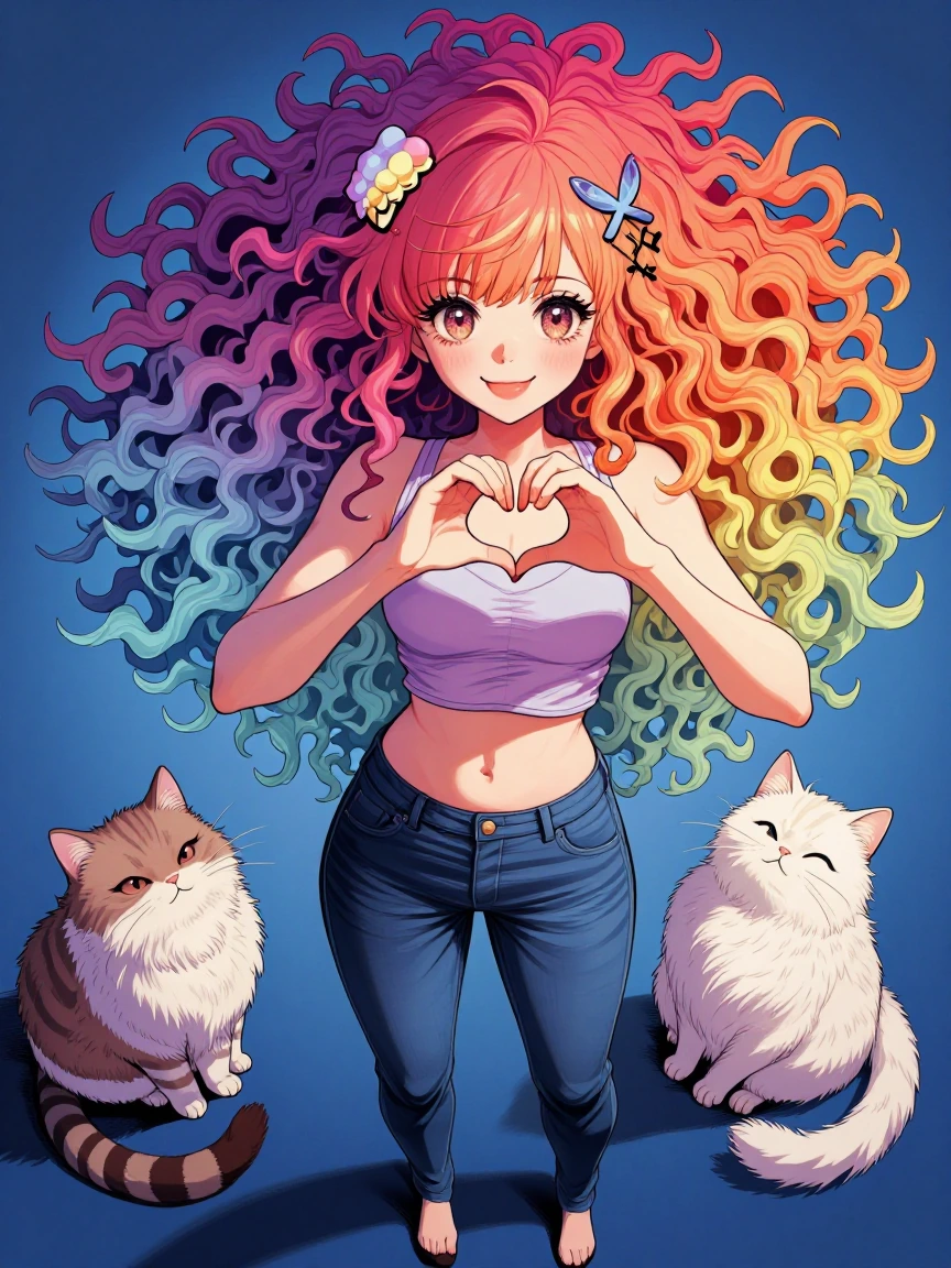 One girl, ice cream colors, heart with hands, smile, three fluff cats, shaggy ombre hair, butterfly barrette, x barrette, crop top, hip hugger jeans, 