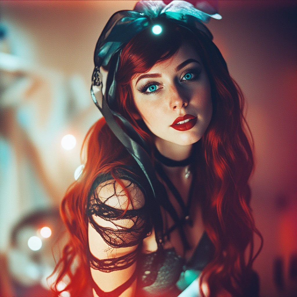 ariel, disney mermaid 1girl, fair skin, red lips, red hair, large aqua eyes, goth outfit, torn revealing clothes, goth makeup, looking at viewer,
