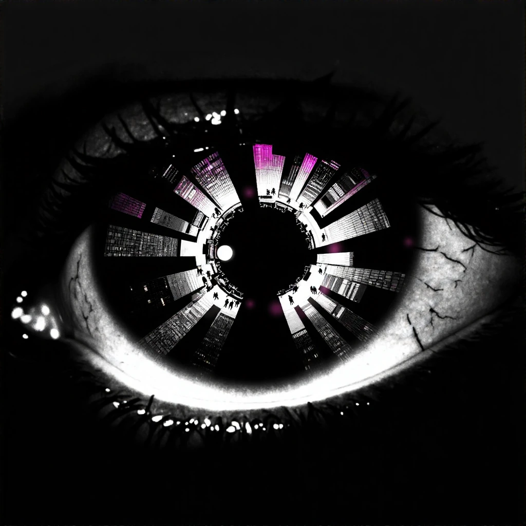 An abstract composition of a human eye stretched across the entire frame, iris replaced with a spinning cityscape at night, buildings rotating slowly like gears. Tiny figures walk endlessly in circles on the roads inside the eye. The eyelids are held