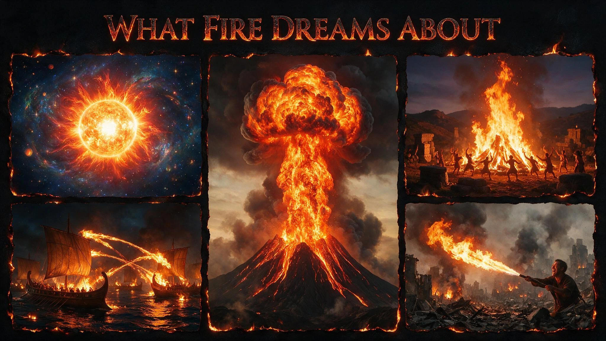 what fire dreams about; A Split Screen with multiple panels: 1. The Sun begins existing. 2. A Raging Column of Fire Erupting from a Volcano like a mushroom cloud. 3. A Massive Bonfire being danced around and worshipped. 4. In ancient times Greek Fire