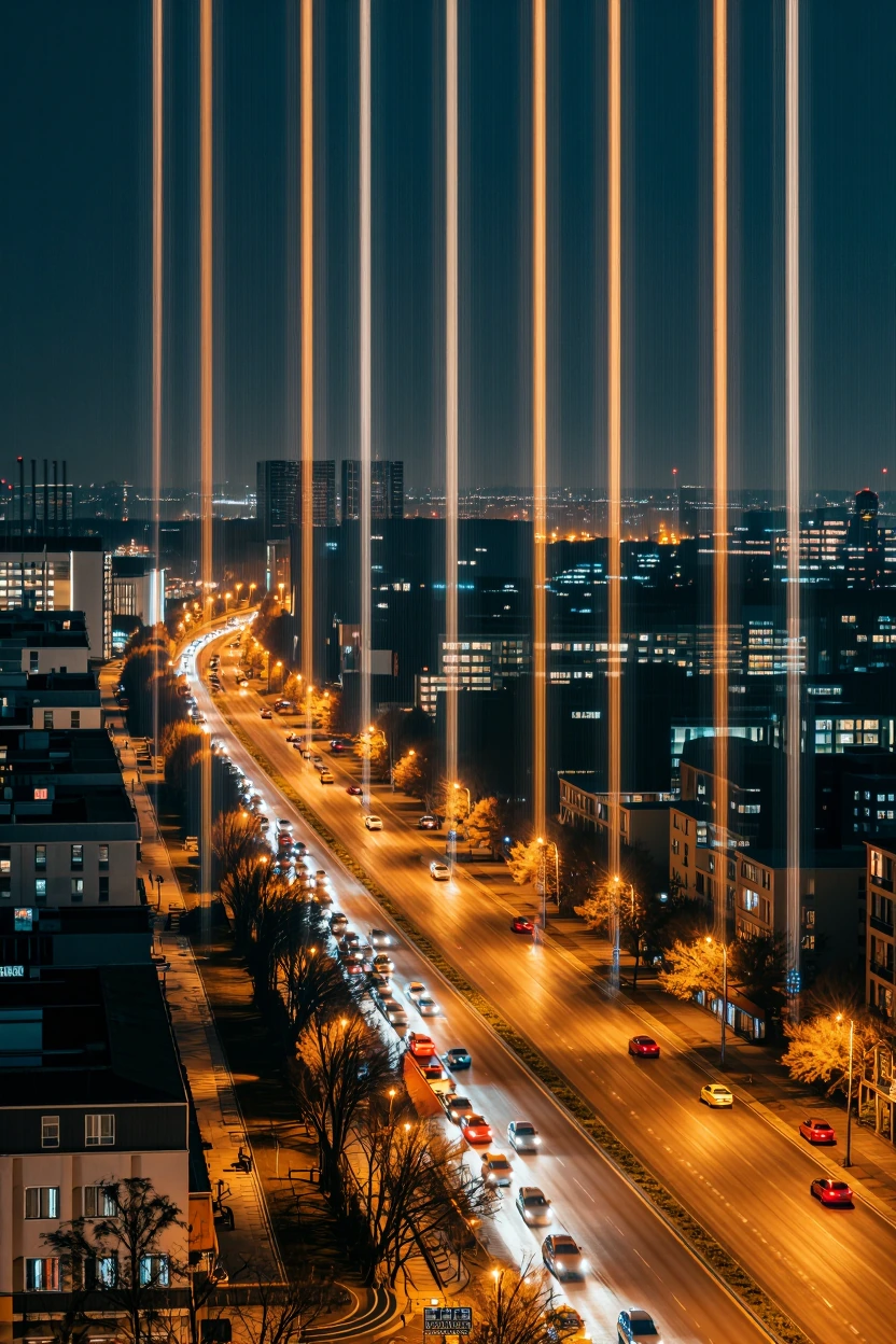 Aerial long-exposure night cityscape of a curving urban boulevard choked with traffic, captured with a surreal vertical pixel-stretch glitch effect where the entire upper half of the frame dissolves into long vertical streaks of smeared color pulled 
