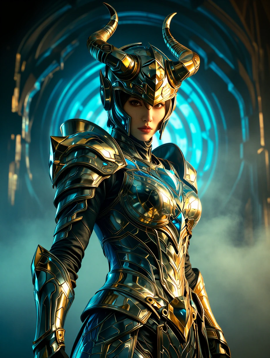 A female warrior in ornate, gold and black armour with glowing blue energy accents, featuring a helmet with large curved horns and a detailed chest plate, standing in a futuristic setting with circular blue light patterns in the background.