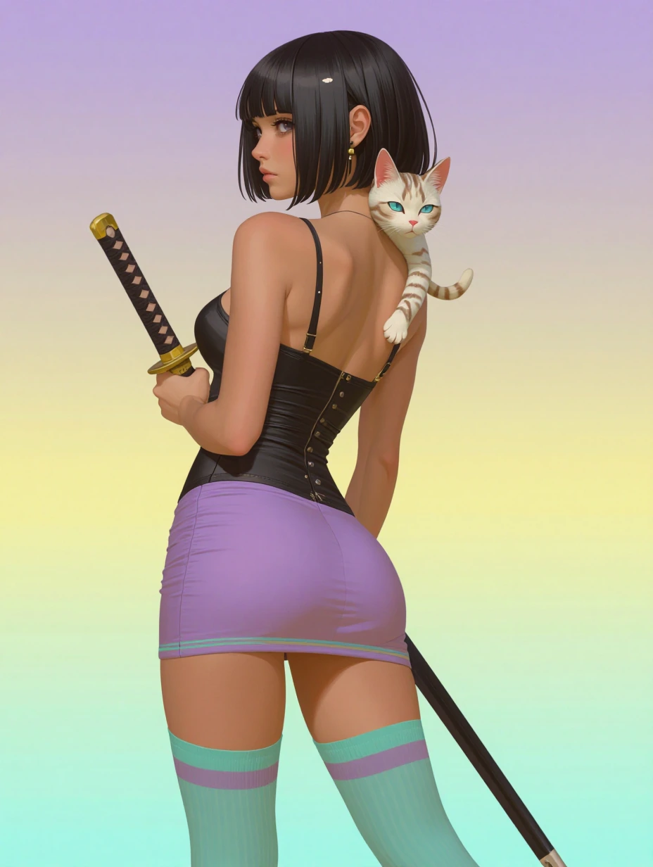 Woman with katana and with a cat on her shoulder, ultra detailed, gold, mauve turquoise, black, gold, ombre, miniskirt, thigh highs, lavender aqua yellow ombre background