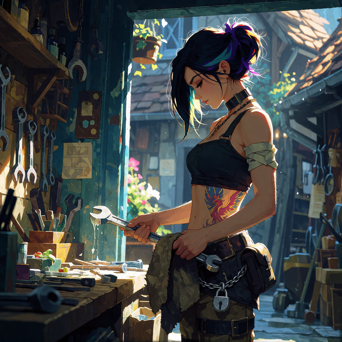 Rory stands at the open bay door of the shop in early morning light, long dark hair with purple and teal streaks half-tied back, heterochromia eyes (purple/teal) focused downward as she wipes a wrench clean with a shop rag. Cropped black tank lifted 