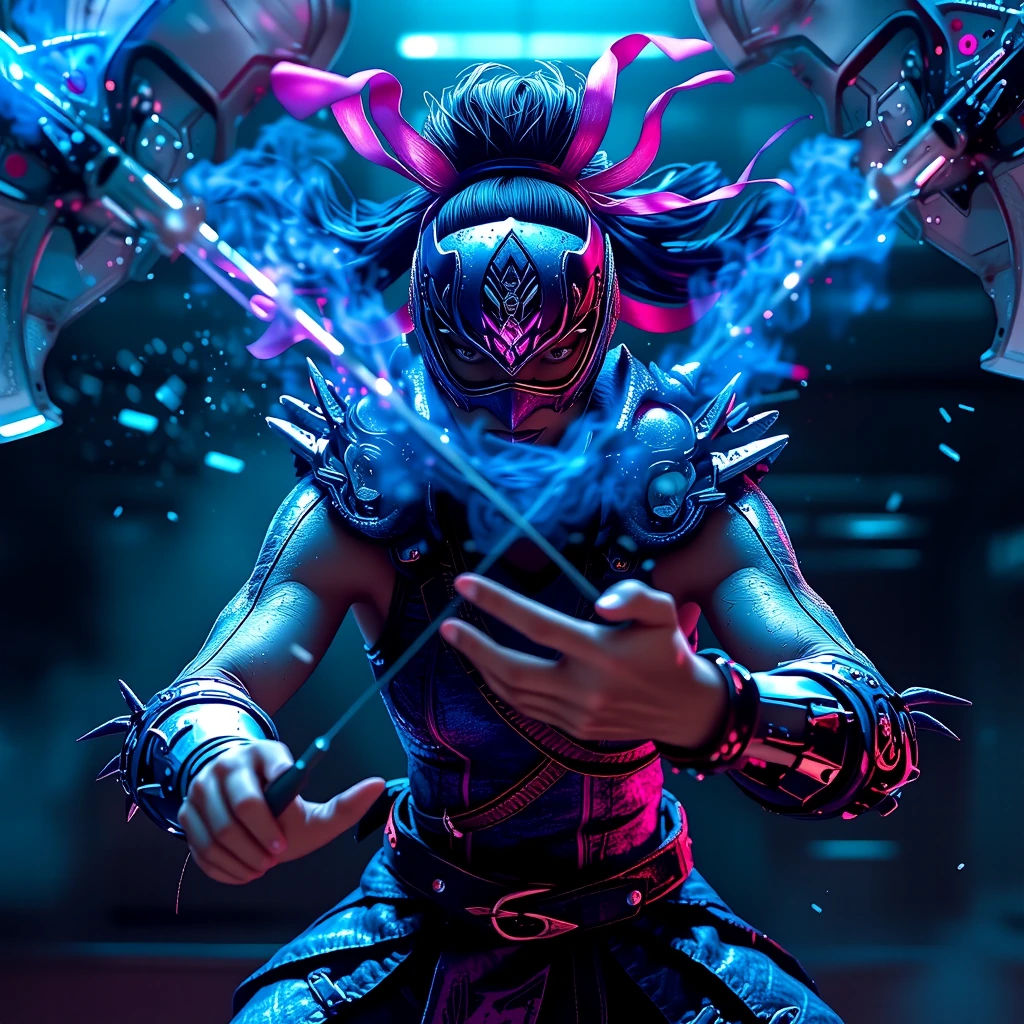 Extreme wide shot, dynamic action frame, Kitana mid-stance with signature blue mask obscuring face, steel fans snapped open mid-motion, ribbons and hair violently swept back by kinetic force, cold tungsten-balanced studio lighting with sharp shadows,