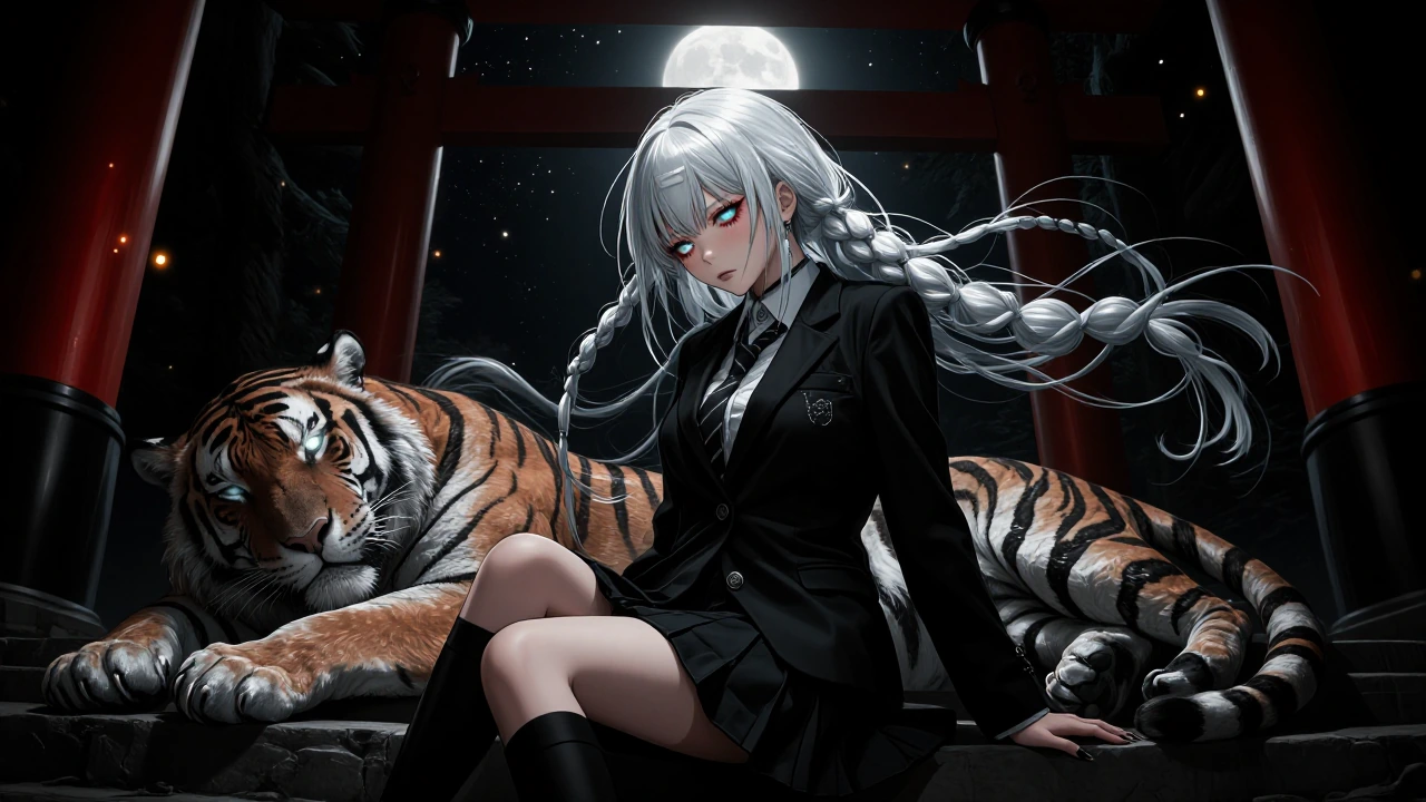 masterpiece, best quality, (flat color:1.3), sharp lines, anime style, 1girl, solo, (white hair:1.3), silver hair with blue highlights, (messy wolf cu