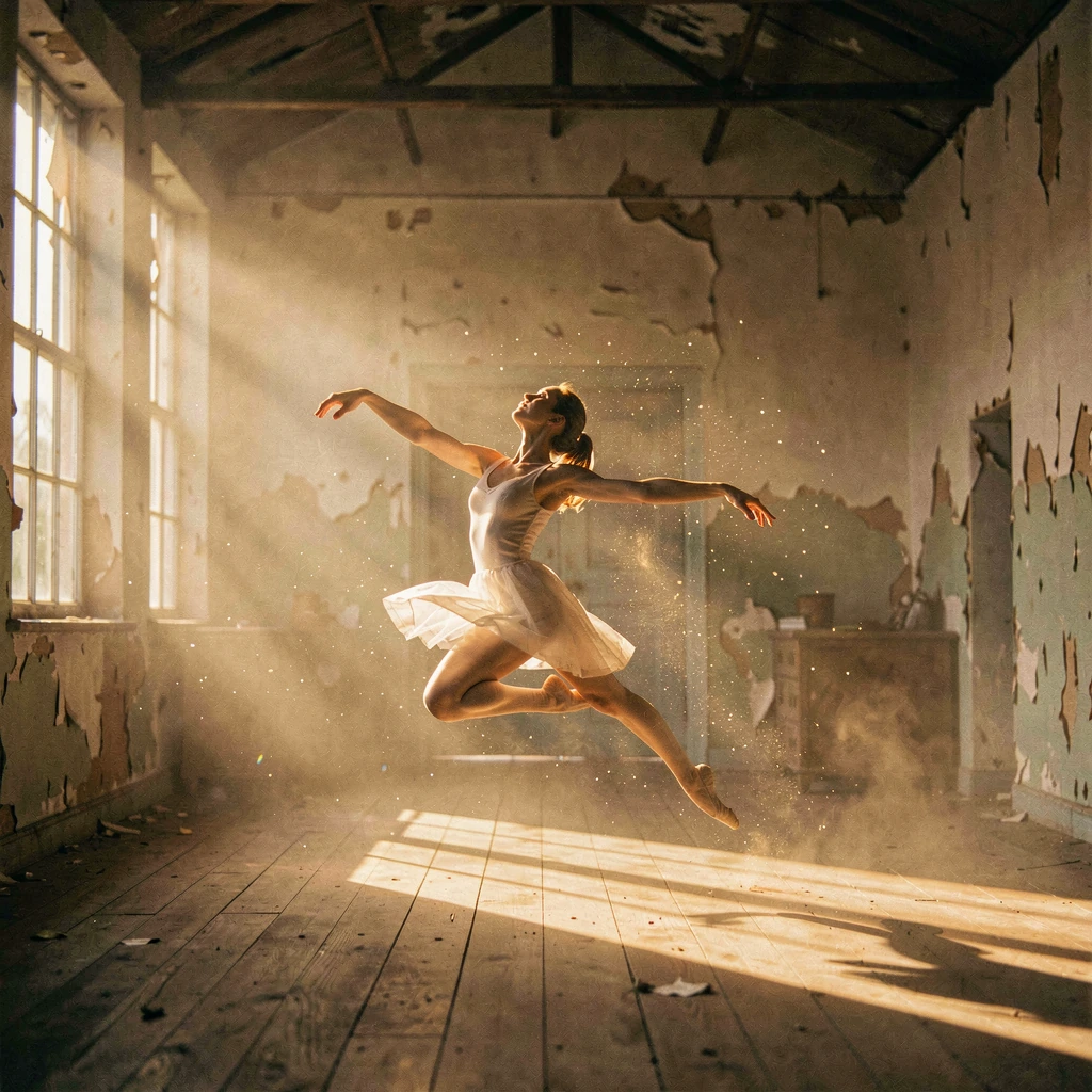 A graceful dancer frozen in mid-leap, body arched and arms extended, suspended weightlessly through thick beams of dusty golden light streaming through broken windows of an abandoned warehouse, particles of dust illuminated like stars around the danc