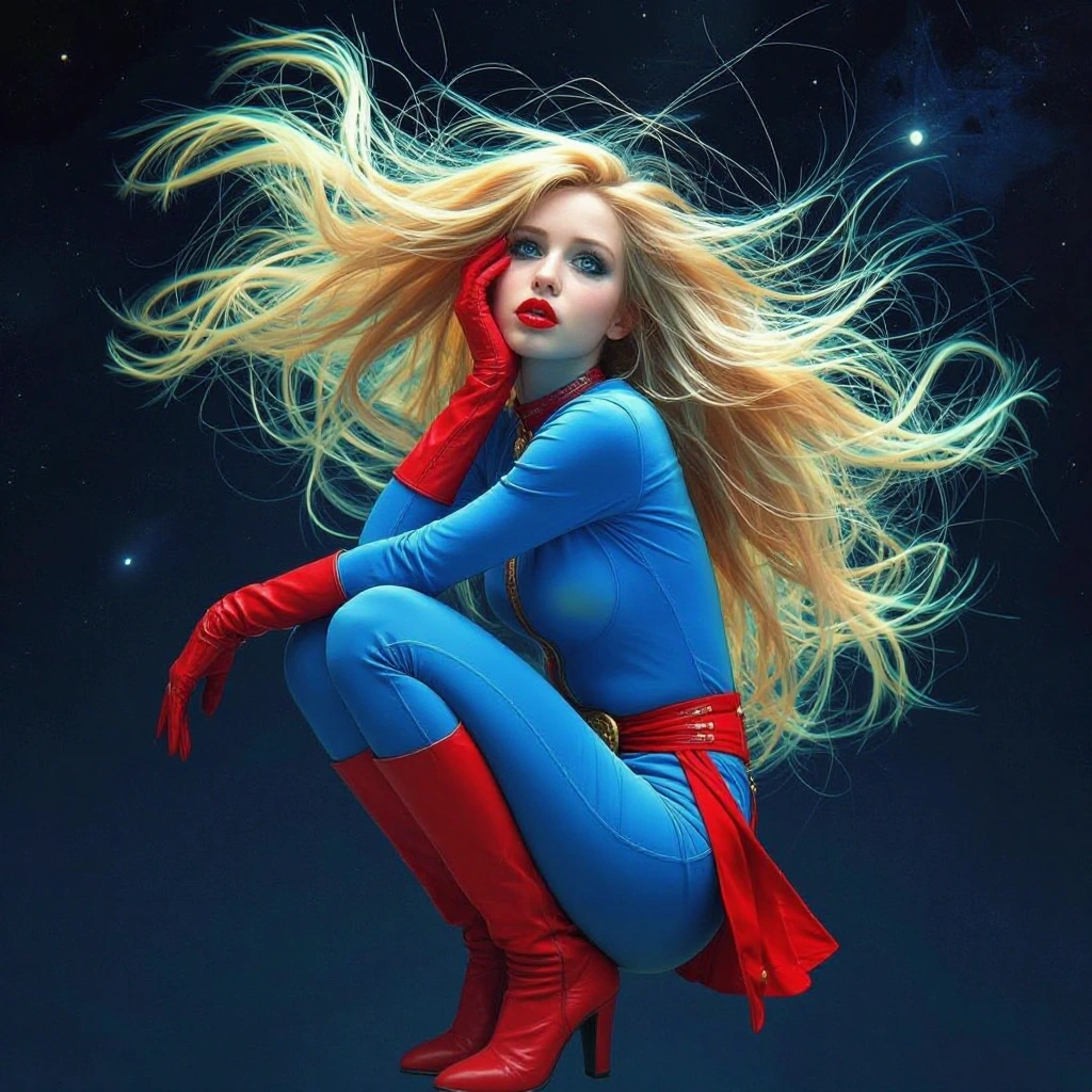 masterpiece, best quality, MsM4RV3L, 1girl, big hair, blonde hair, blue bodysuit, blue eyes, bodysuit, boots, red lips, floating hair, from side, glov