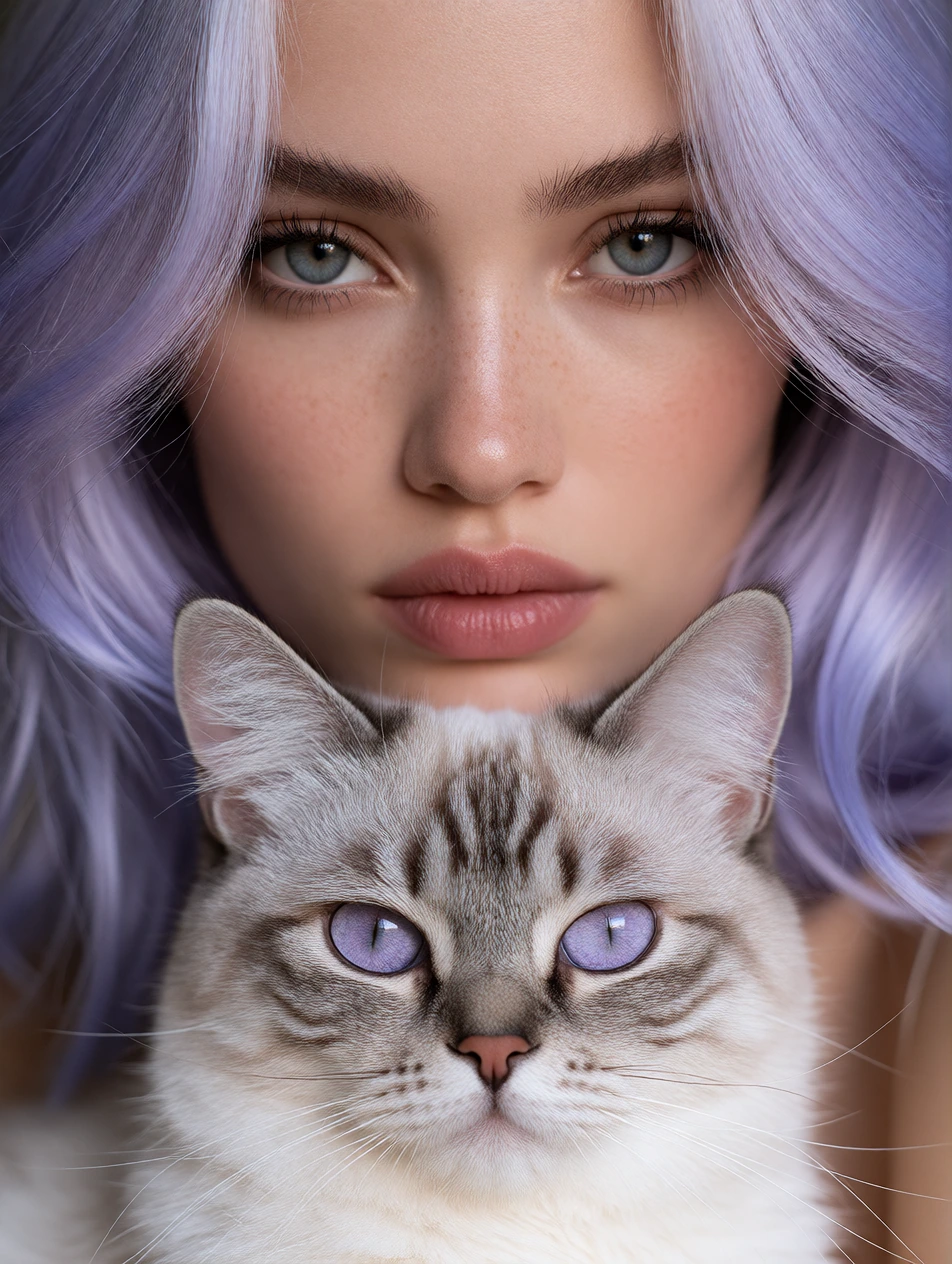 Close up, beautiful woman, lavender platinum ombre hair, grey eyes, cat with lavender eyes