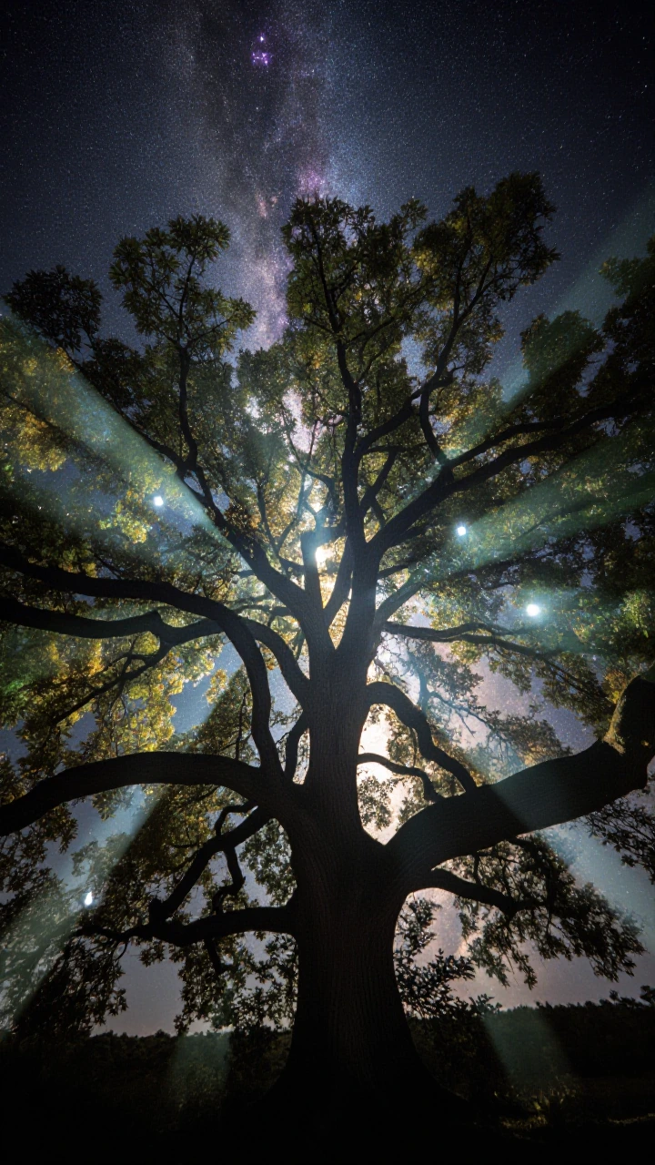 Highly detailed cinematic double exposure photograph, ethereal and fascinating surreal composition, a majestic ancient oak tree with intricate twistin