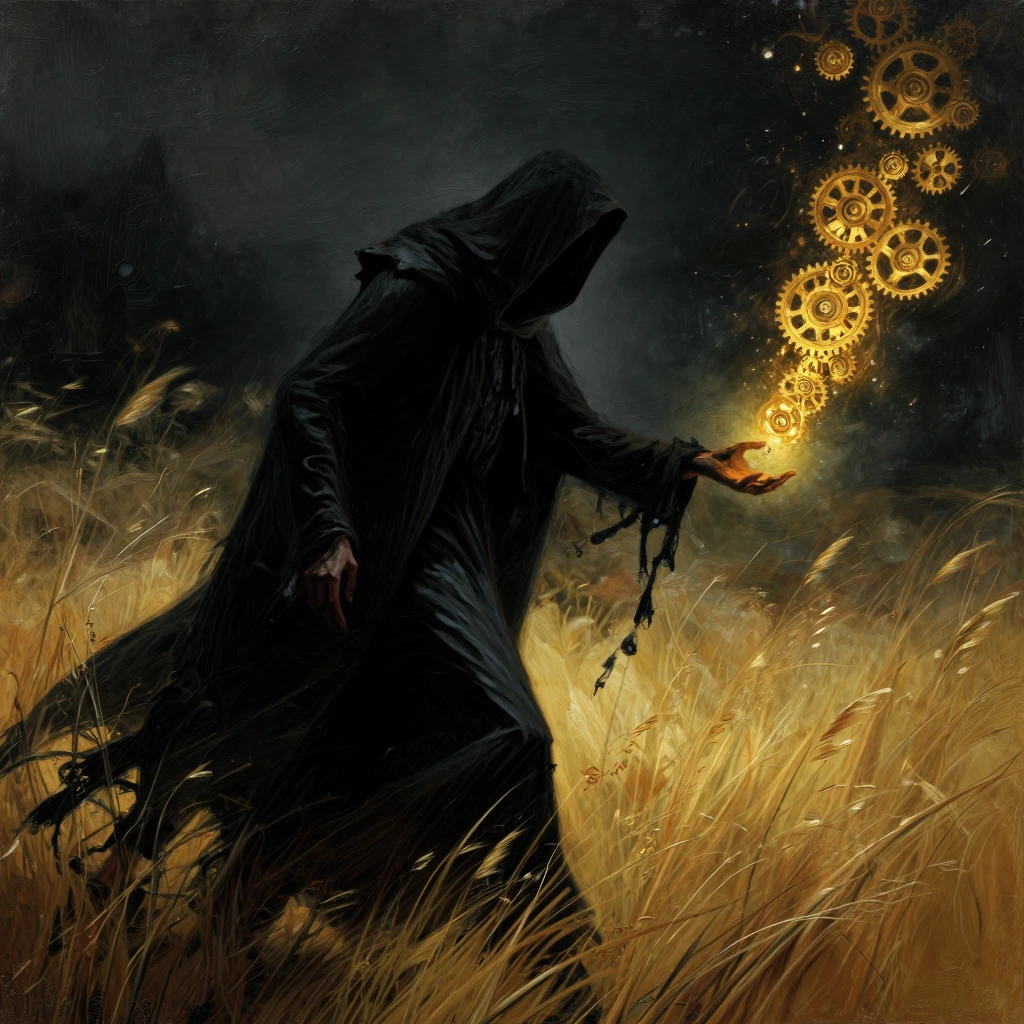 A haunting, cinematic oil painting of a grim reaper figure draped in a tattered, dark flowing black cloak, walking through a field of dry, golden gras