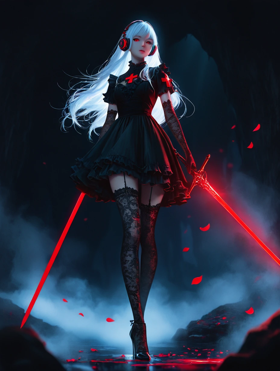 1girl, solo, holding a weapon, longsword, red sword, red eyes, long hair, white hair, headphones, black dress, Frills, lace stockings, high heels, lace gloves, dark background, large red cross, Petals, blood, limited palette, hyperrealistic, photorea
