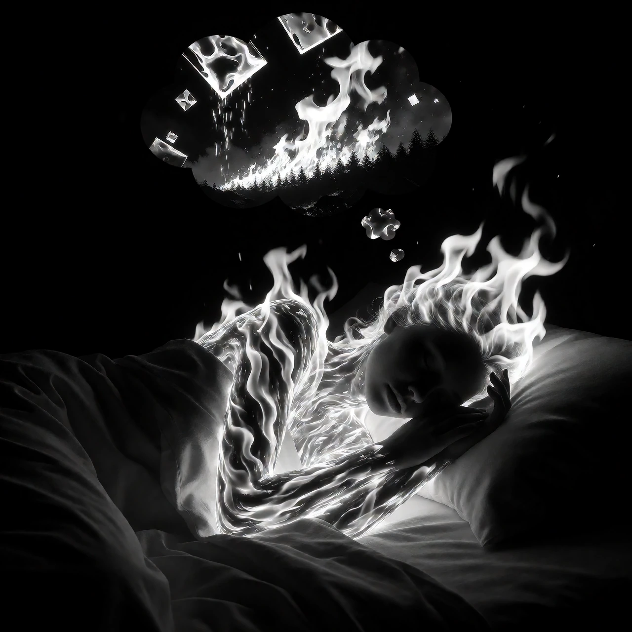 Woman composed entirely of dancing flames and embers sleeping under crisp white linen sheets, shot in stark high-contrast black and white photography with tungsten lighting that isolates the glowing orange-white heat of her form against deep shadow. 