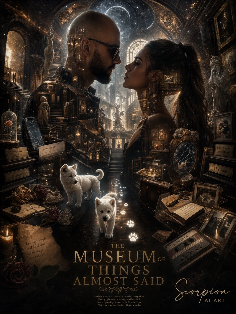 Create a hyper-realistic cinematic double exposure masterpiece titled “The Museum of Things Almost Said.” A bald man with a trimmed beard and dark sunglasses stands face-to-face with a breathtaking bombshell brunette with a dark brown high ponytail, 