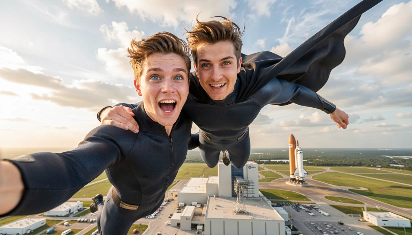 A spontaneous mid-air selfie: a young man with bright blue eyes and short light-brown hair holds a smartphone out in front of him, smiling in shock and excitement. A flying superhero is beside him in the sky, casually holding the young man around the