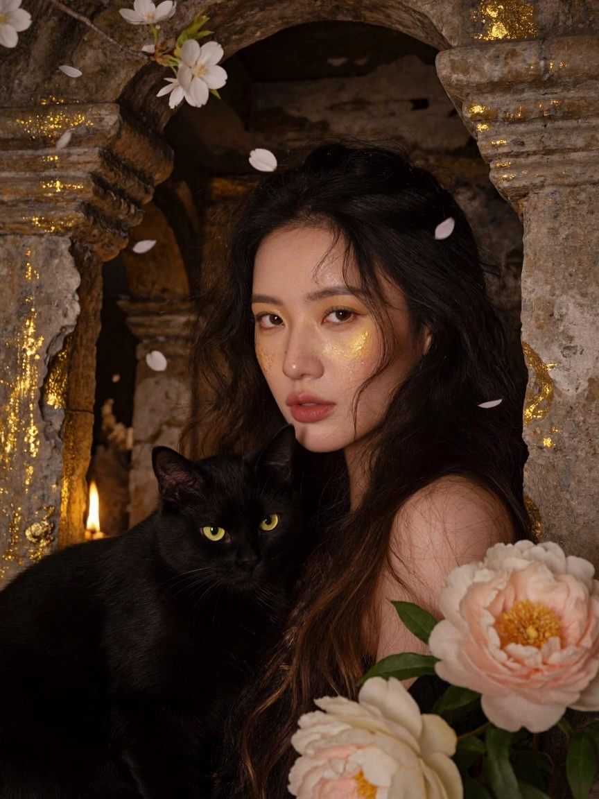 Close-up portrait of a beautiful woman with long flowing hair and a black cat beside her, filling the frame in a 3:4 vertical composition. Ancient weathered stone textures and crumbling ruins surround them intimately. Golden flames flicker across the