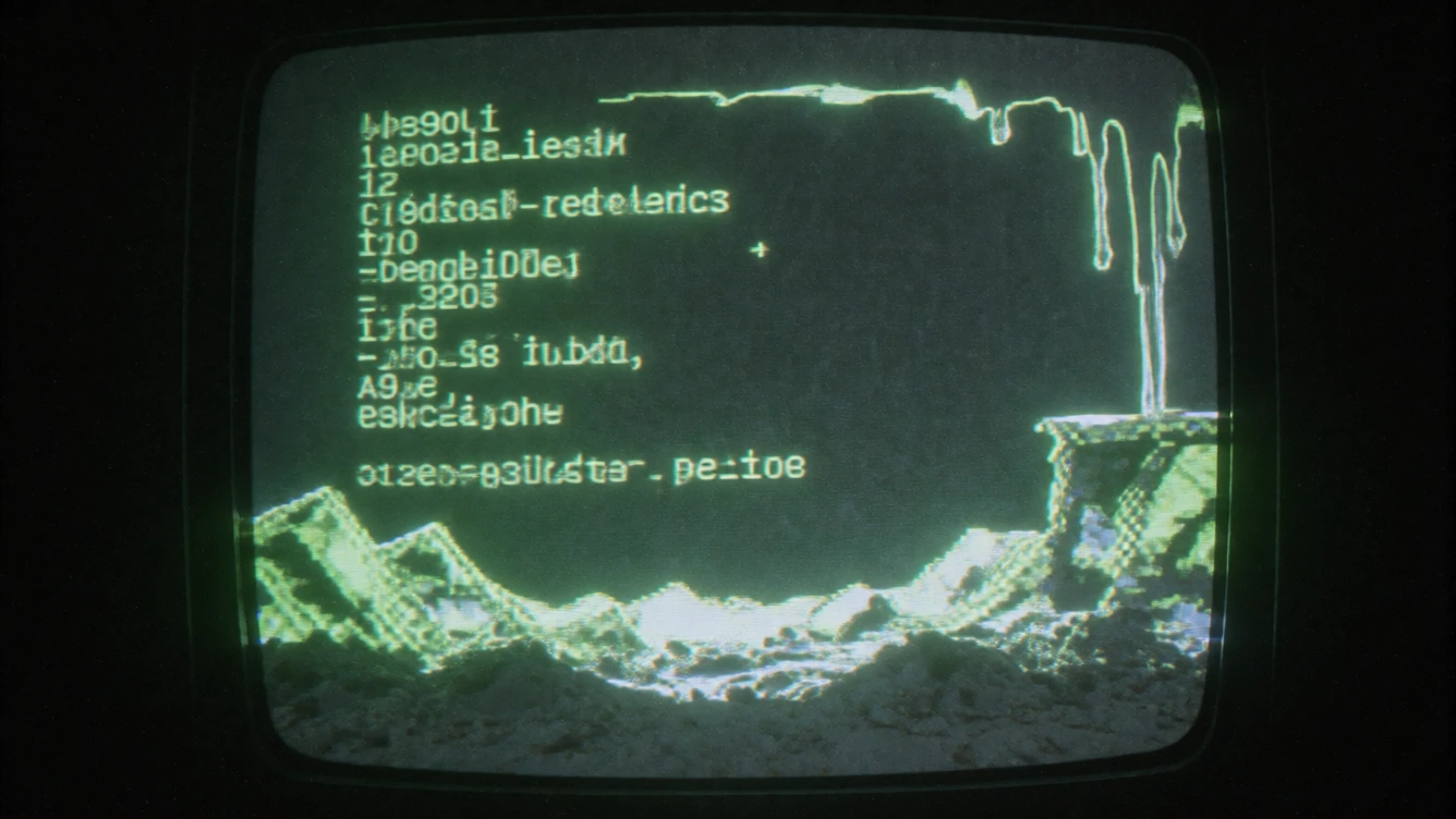1990s hacker interface, scorched earth aesthetic, warped digital landscape, glitchy green terminal text burning into pixelated ash, melting CRT monitor background, dark gritty atmosphere, lo-fi digital decay, neon green and charcoal black, vignette,