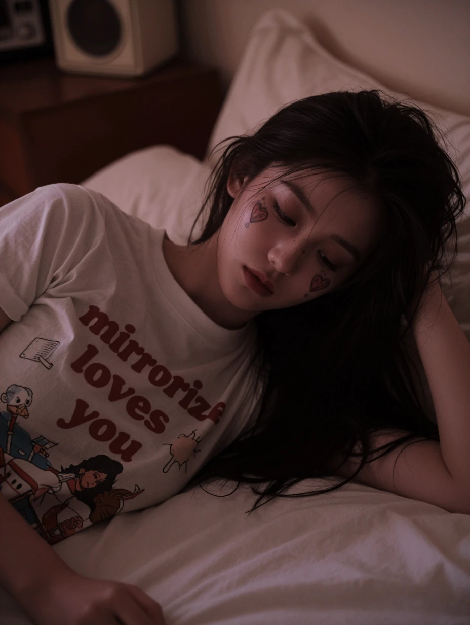 A realistic portrait of a young woman in a softly lit bedroom, reminiscent of 90s aesthetic She has heart tattoos delicately inked on her cheeks, conv