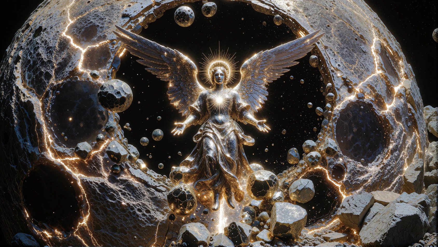 A luminous archangel emerges amidst the catastrophic shattering of the moon, its celestial wings radiating divine light as glowing lunar fragments cascade violently across the cosmic void. The scene unfolds within a colossal celestial archway crackli