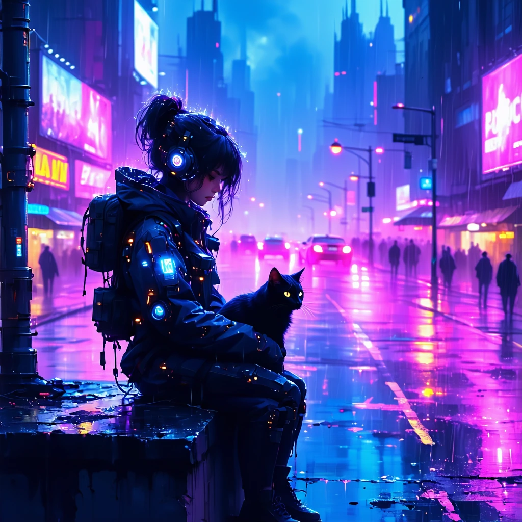 cyberpunk girl with neon-lit cybernetic implants sitting on a concrete ledge, holding a sleek black cat with glowing eyes, towering futuristic megacit