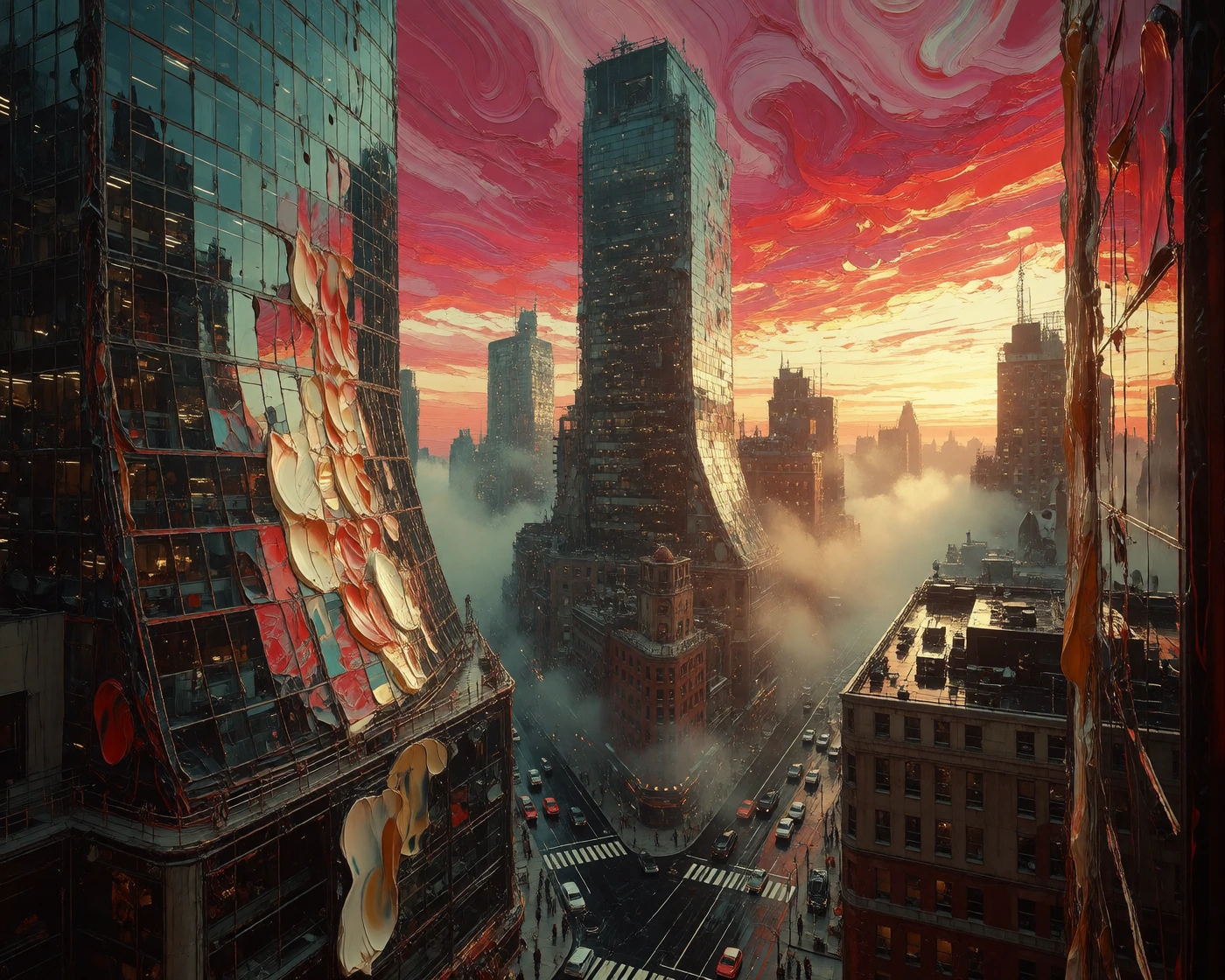 Expressionist oil painting of towering urban skyscrapers at dawn, heavy impasto style featuring massive, thick globs of paint. The glass buildings swa