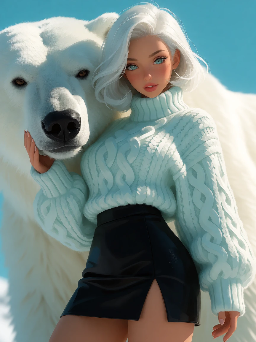 Beautiful platinum mint woman in sweater and miniskirt, polar bear
