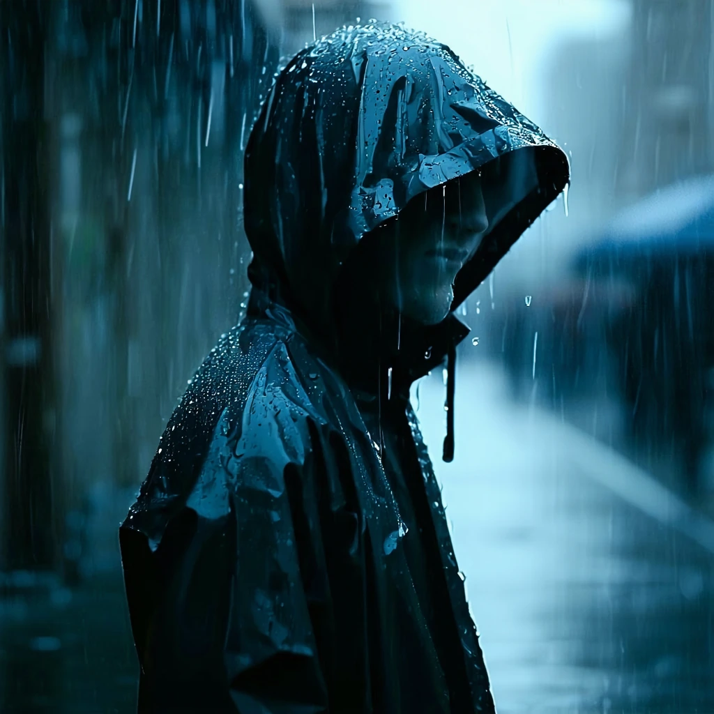 emotional portrait of a lone figure in rain, cinematic film-grain style