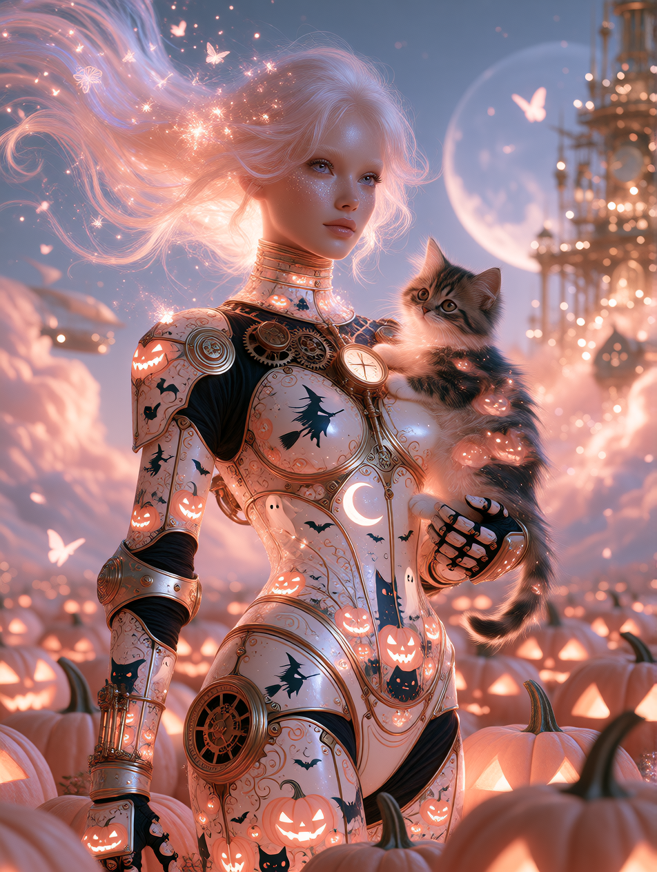 Luminous, ethereal fine-art image of an otherworldly woman in a sleek, thin, form-fitting mech suit, standing in a glowing field of uncarved pink and