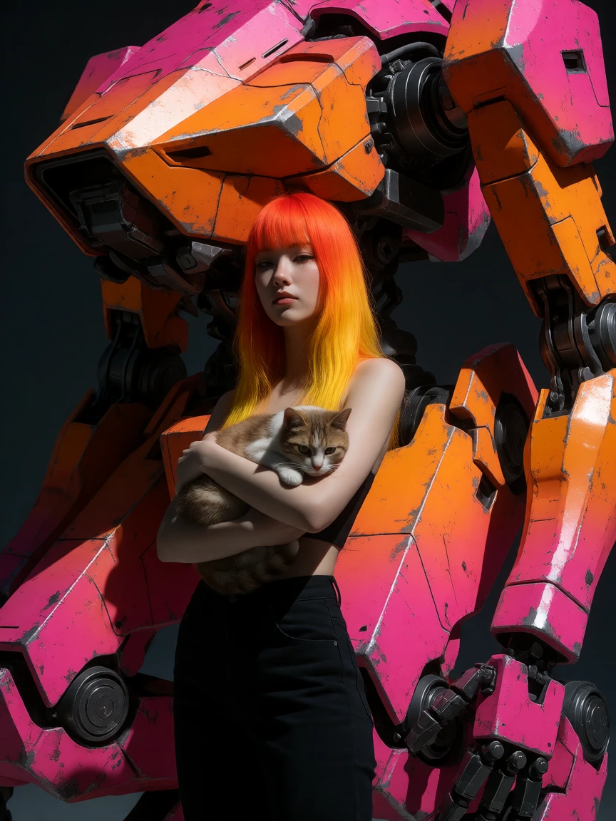 beautiful woman orangeombre hair, with a cat, standing in front of a large orange pink mech, acid-washed metal