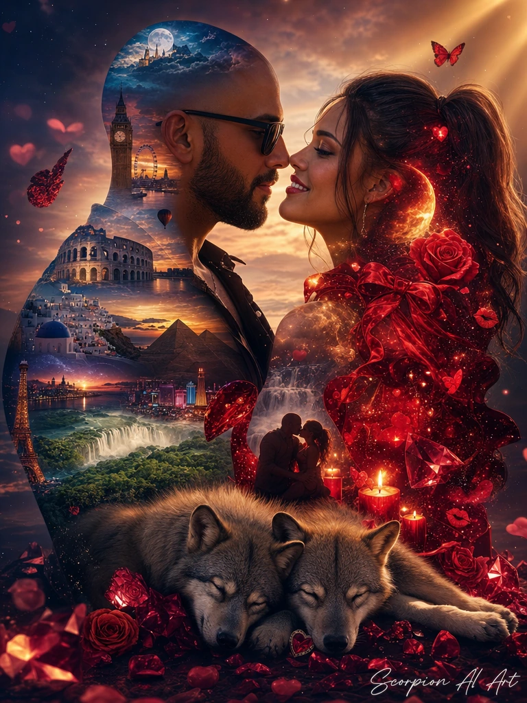 Her Lips 💋 Theme: The Perfect Ending Prompt: Create a hyper-realistic cinematic double exposure masterpiece featuring a bald man with a trimmed beard and sunglasses gazing lovingly at a bombshell brunette with a high ponytail as their playful wolf pu