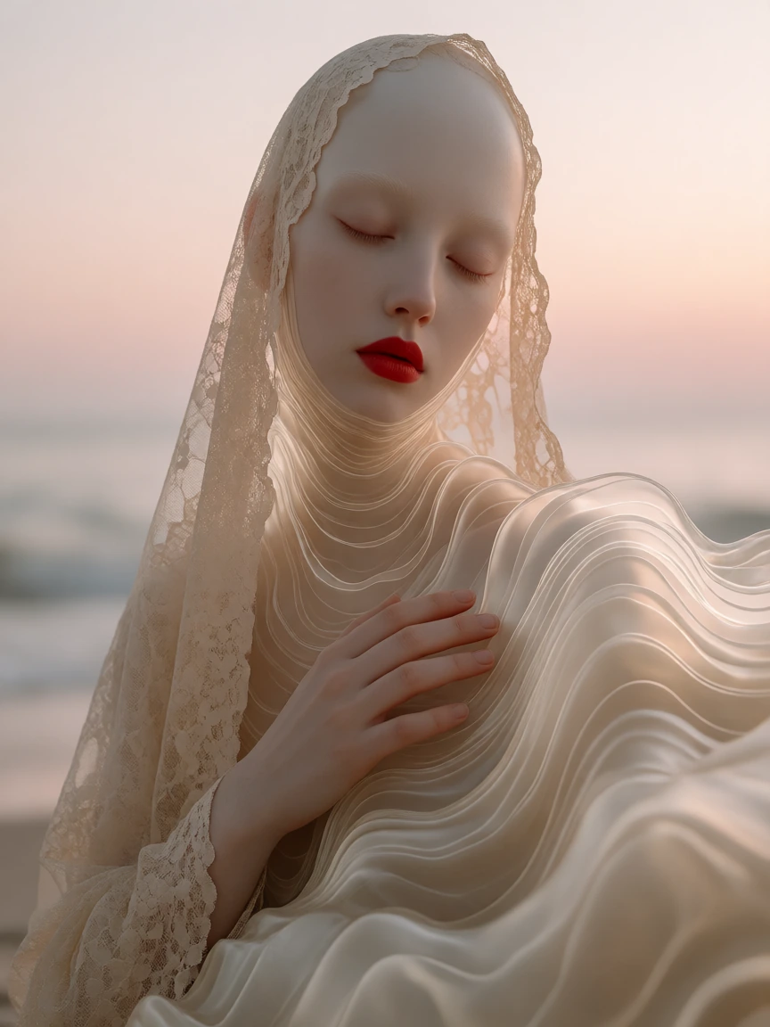 A surreal portrait of a pale, ethereal figure with closed eyes and an elongated forehead veined in vivid red, her lips also crimson, draped in sheer beige lace that flows like translucent fabric; her head and neck dissolve into smooth, undulating top