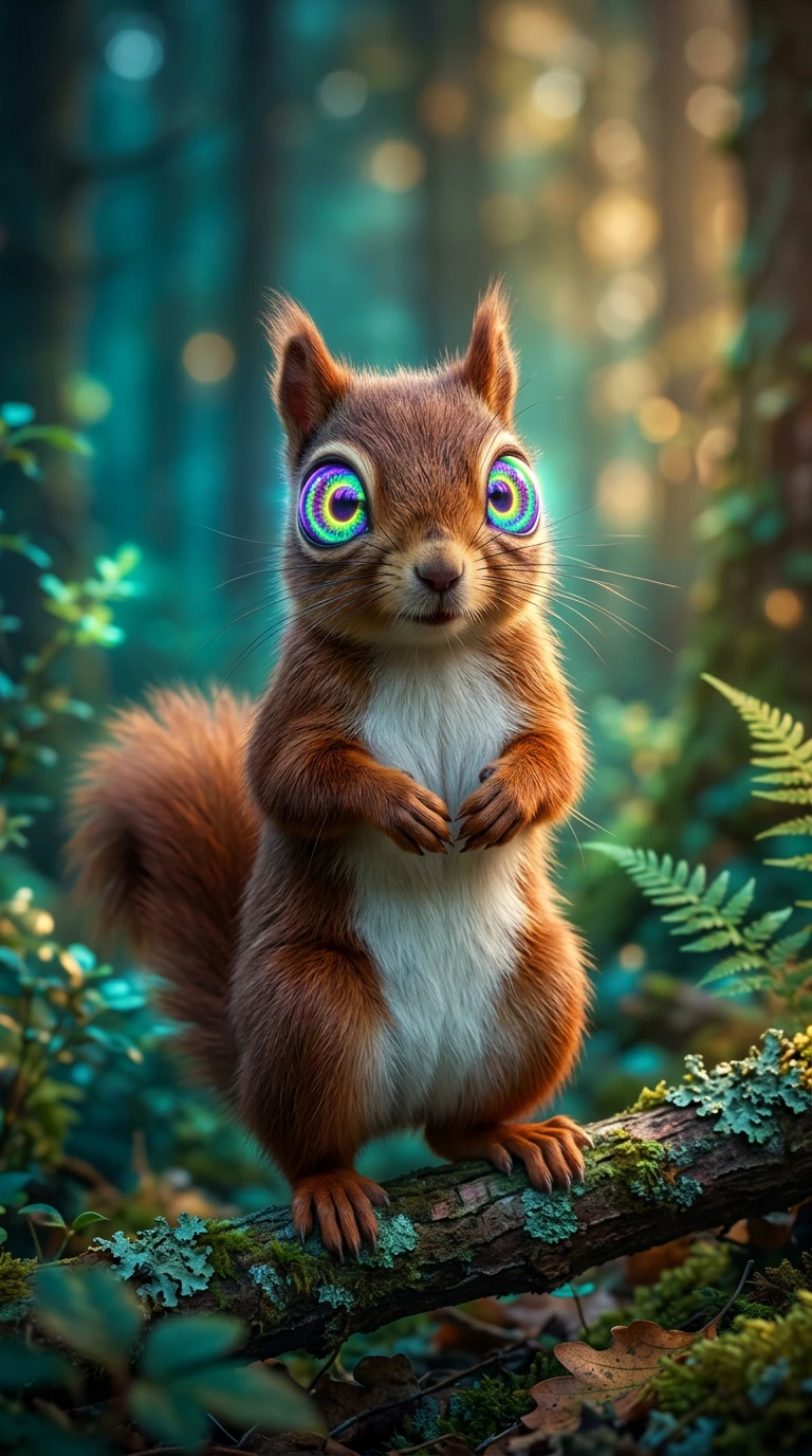 "Create a hyper-realistic image of a small, reddish-brown, ultra-high-definition, ultra-detailed, ultra-realistic squirrel with a white underbelly, plush, soft, fur so realistic, it pops off the screen, standing on its hind legs in a dream-like fores