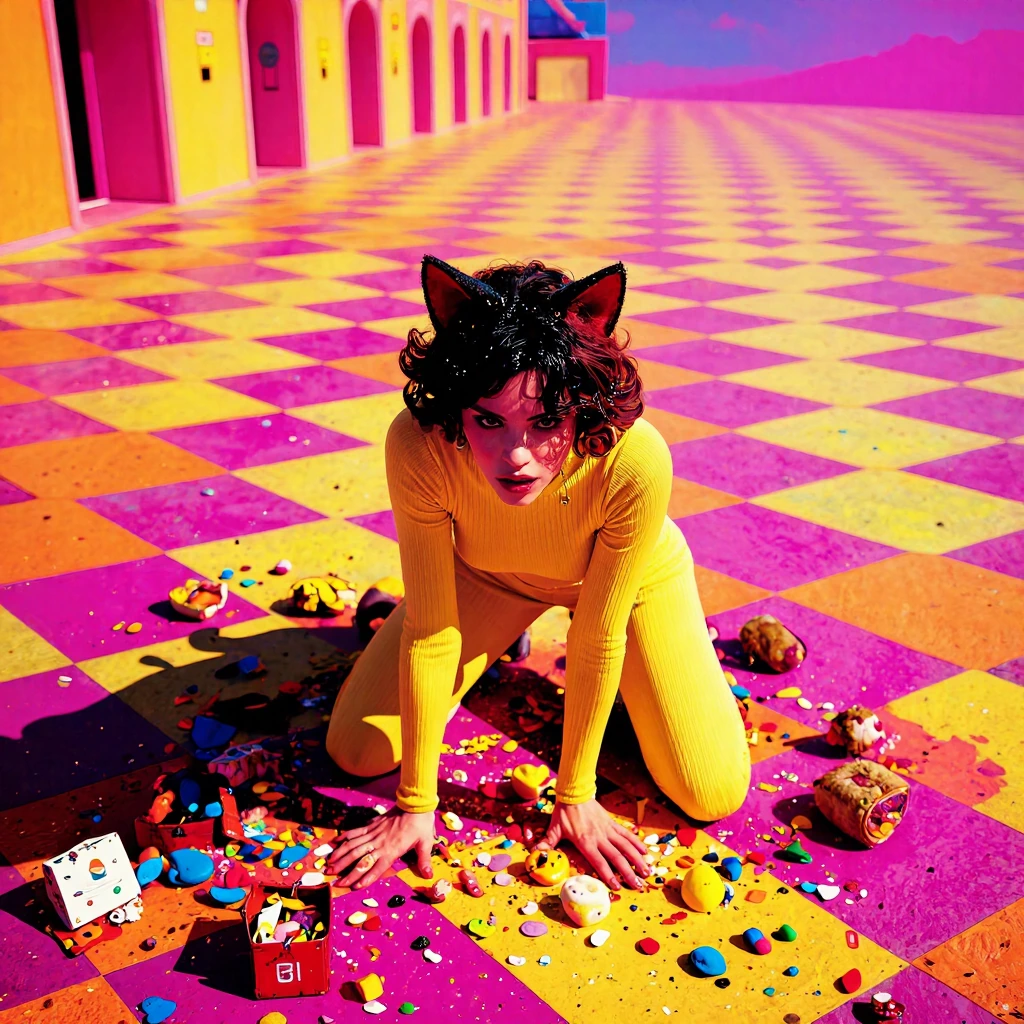 Surreal vibrant pop-art scene with a strong non-standard side-elevated oblique angle inspired by WLOP, in an infinitely expansive colorful hall where bright yellow, magenta and orange checkerboard floor stretches into a vast open horizon, a striking