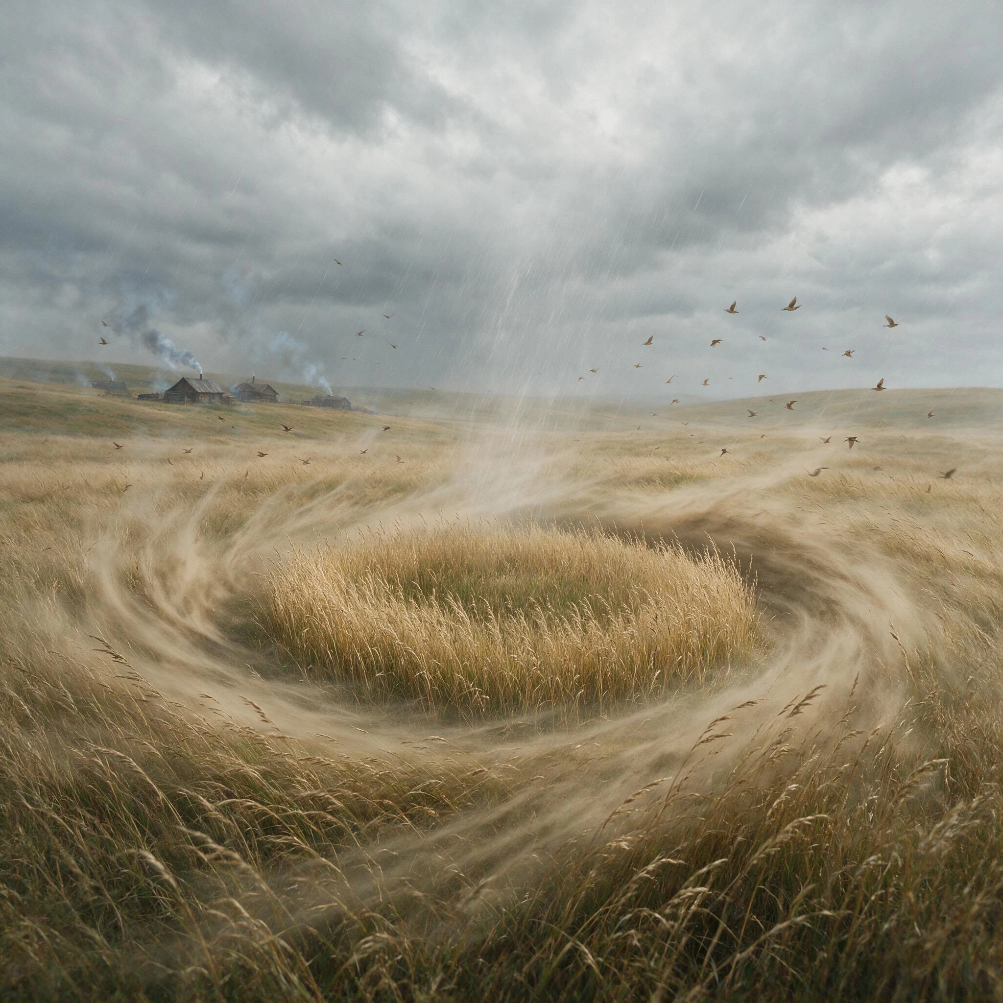 A vast empty field. Everything bends with the wind... except one perfectly circular area where nothing moves. Grass. Dust. Birds. Smoke. Rain. Everything flows around this invisible absence.