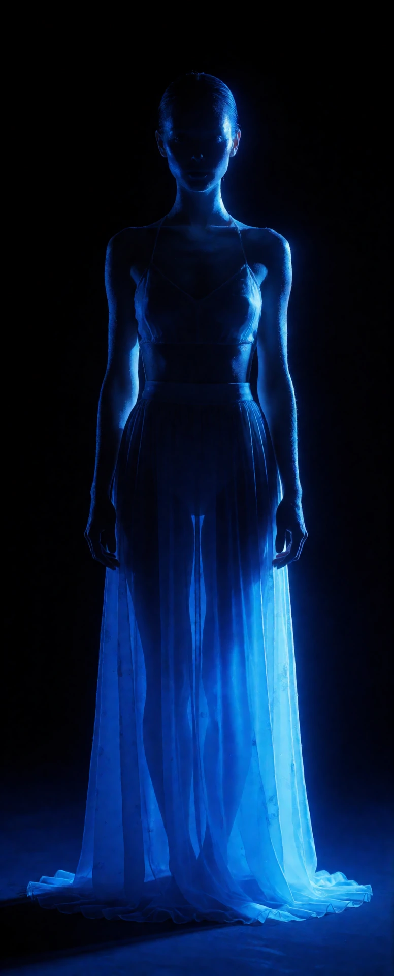 A hyperdetailed, cinematic masterwork of a striking human model standing gracefully in absolute pitch darkness, illuminated exclusively by intense, highoutput ultraviolet lights.