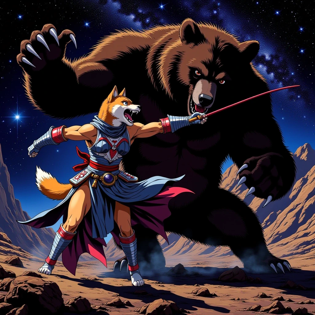 A human-like musscled Shiba Inu dressed like an intergalactic warrior fighting an extra terrestrian bear, background is an intergalactic war scene, ac