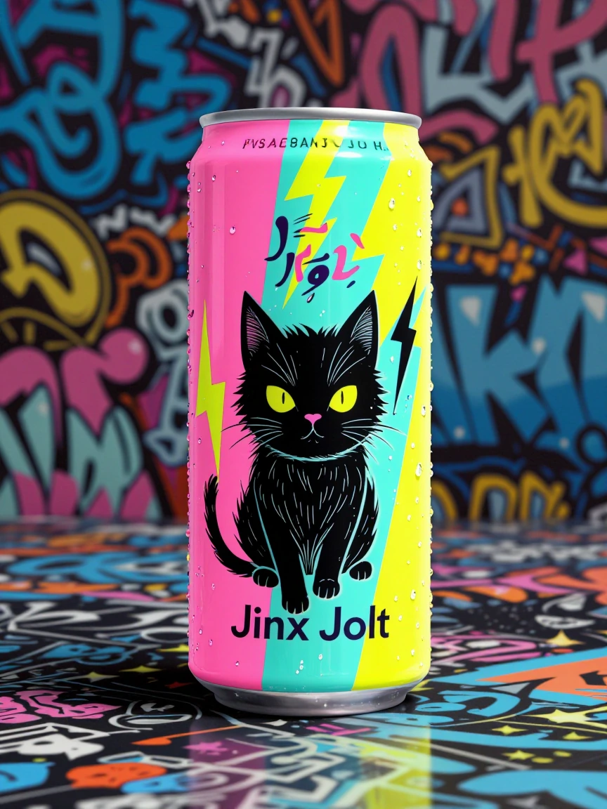 Totally realistic energy drink can called “Jinx Jolt” fluorescent, pink, aqua, yellow, black with cat art, lightning bolts, beautiful, graffiti background with water droplets