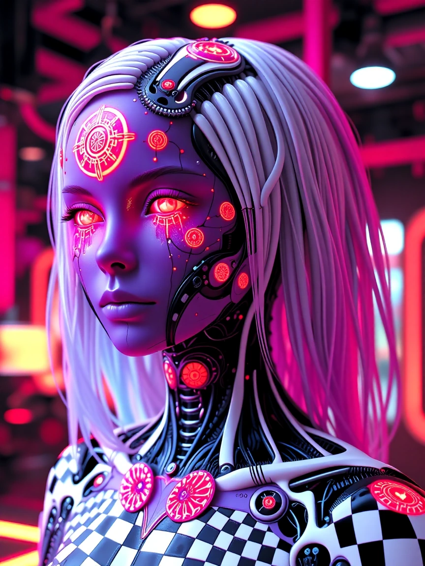 A futuristic cyborg, 3D render, Op Art aesthetic. ​The "Drift" Layer (To create flow): The cyborg's nanobot skin is textured with repetitive, fractal concentric scales. The scales follow a strict four-step luminance gradient sequence: Black, Deep Pur