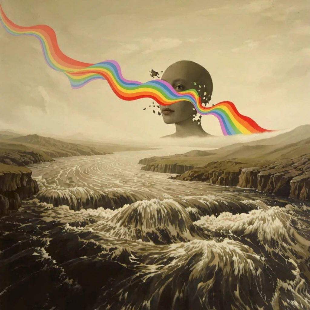 a flowing river in the foreground dominates the composition, rich water textures and movement, in the far background a human head dissolves and fragments into rainbow-like wisps and streams of color, the head is barely visible, melting into the lands