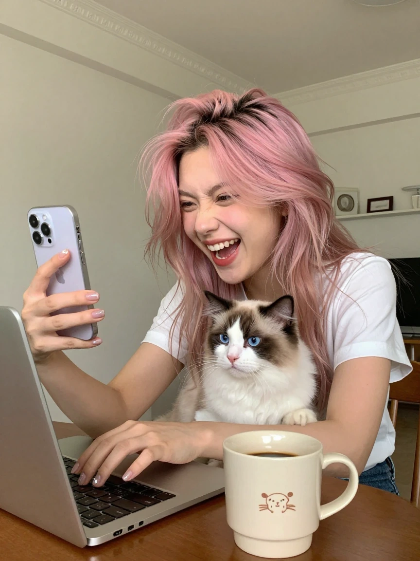Crazy woman pastel hair, taking a selfie with her cat chaotic morning but laughing, working on the computer, coffee