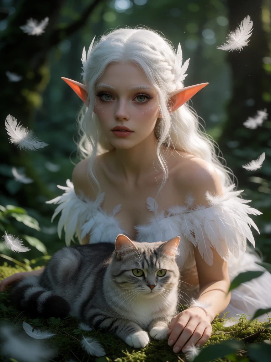 elf woman big elf ears, white hair, dressed in feathers, with her cat in a fantasy forest covered with feathers.