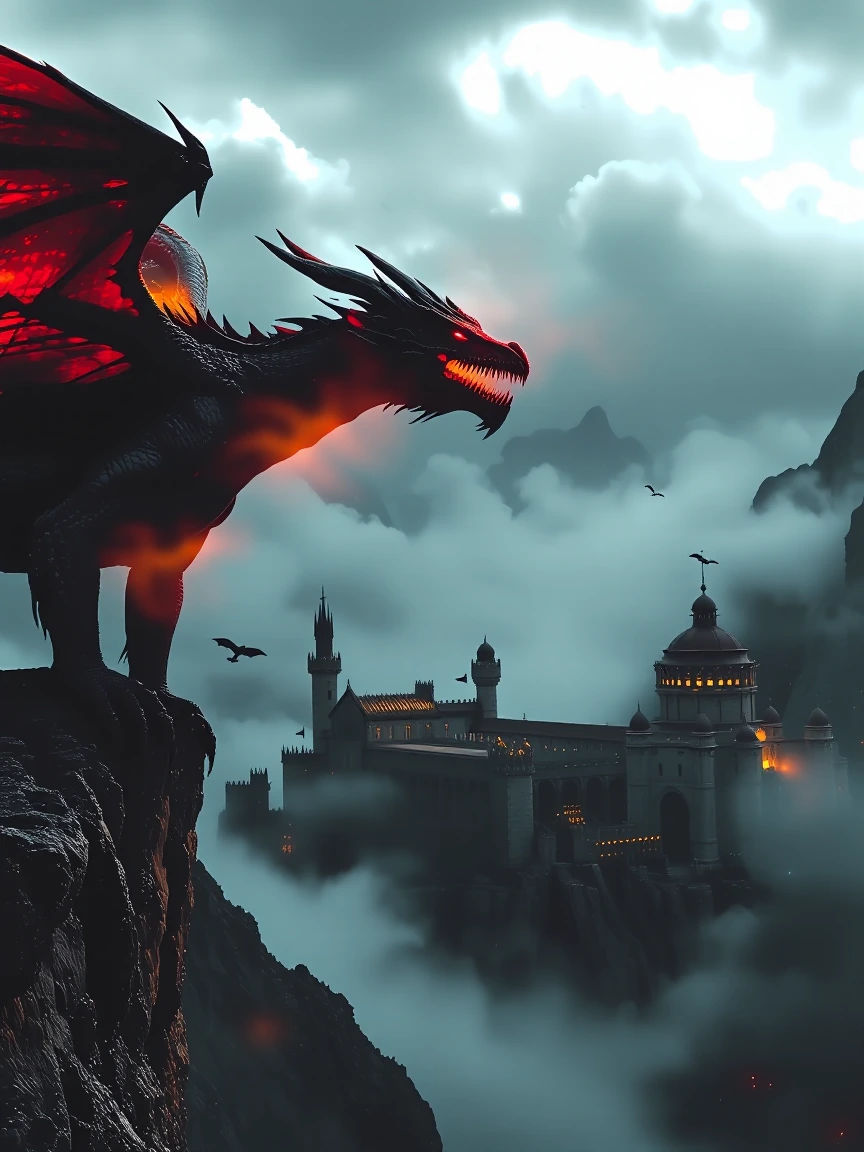 A massive dragon with scales in deep black and crimson red, mouth agape and exhaling a torrent of golden flame, silhouetted on a jagged mountain cliff edge against a roiling grey-black sky. Far below in the valley, a fortress with pale stone towers r