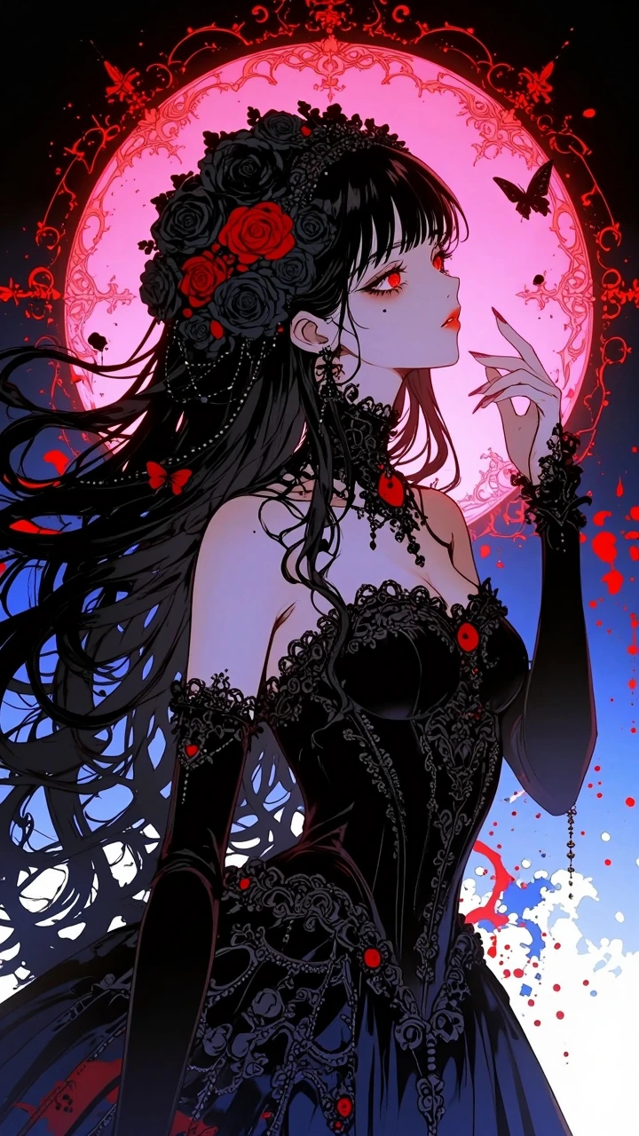 Intricately detailed anime-style illustration of an elegant woman with long flowing black hair cascading in ornate curls and swirling ribbons, hair interwoven with black roses, red rose accents, delicate butterflies, and fine floral filigree; pale po