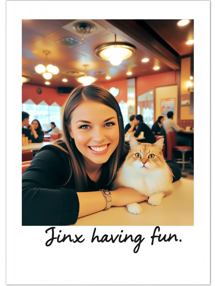 Polaroid photo of a smiling woman with her cat at a diner. White outline around the photo. At the bottom in cursive writing it says โJinx having fun. โ