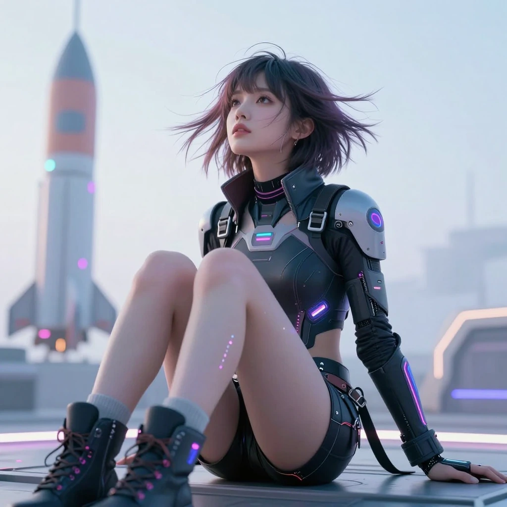 a girl in a nineties cyberpunk outfit — tech-inspired clothing, minimal armor, sleek silhouette, leather accents, neon details, futuristic punk aesthe