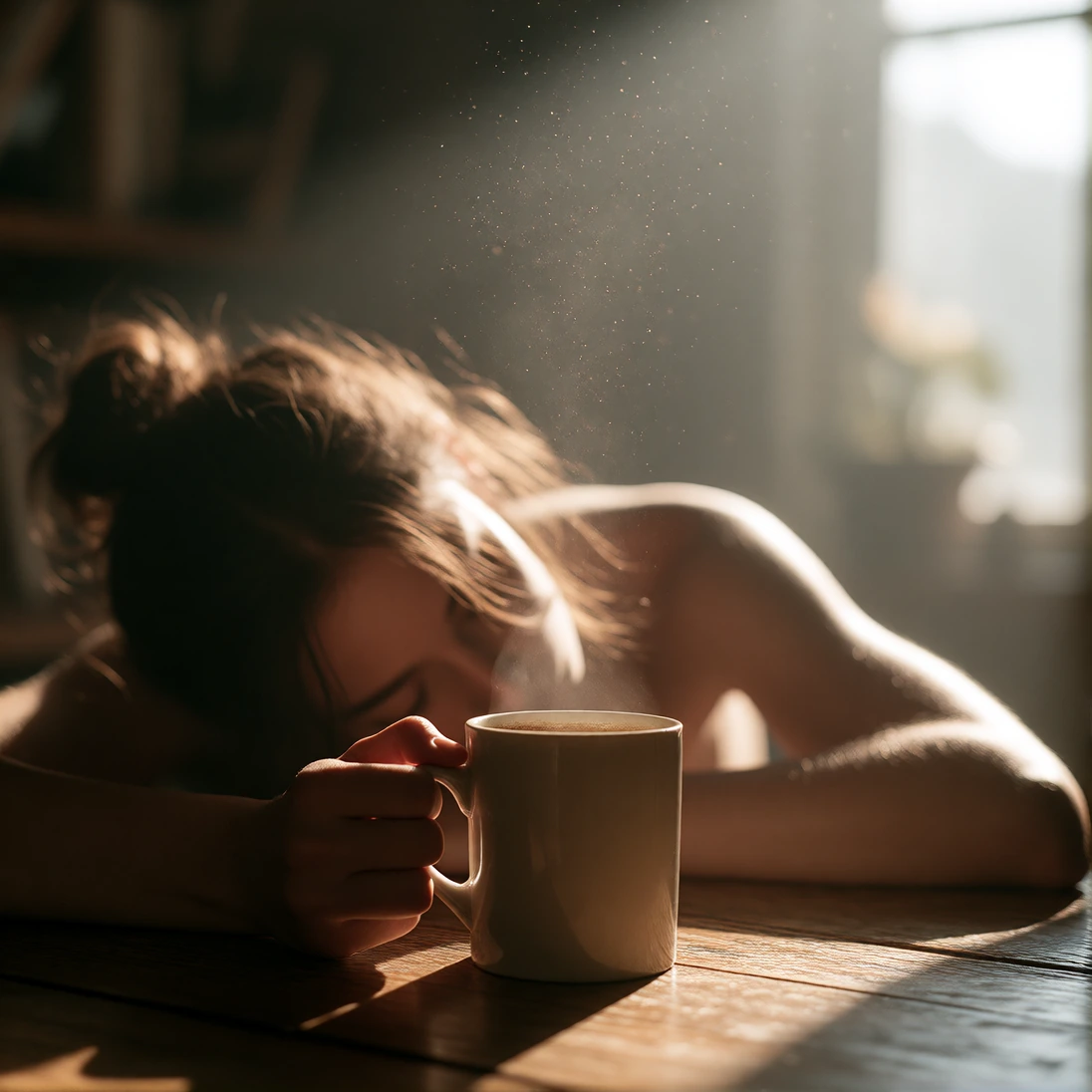 coffee mug focus, room, 1girl background, sleep face down on table, cropped arm, early morning, light rays, (hazy air:1.2), light particles, cinematic lighting, (depth of field, blurry background:1.2), masterpiece, best quality, amazing quality, very